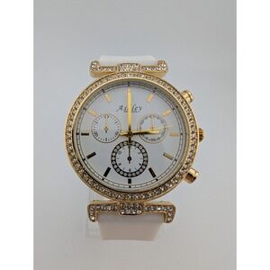 Ashley Princess Crystal Accent Watch Women 40mm Case White Band- New Battery